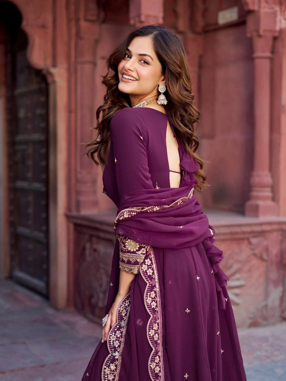 Wine Purple Sequins with Thread Work Faux Georgette Suit
